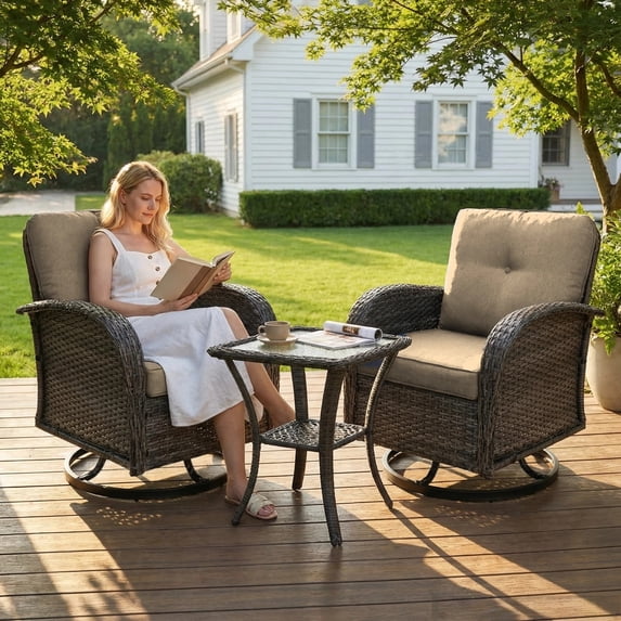 SHGJ&SOFT 3 Piece Patio Furniture Set, 2 Outdoor Swivel Rocking Chairs with Side Table, Thick Cushions Wicker Glider Chairs, All-Weather Gray Rattan Bistro Set for Porch, Deck, Pool (Brown)