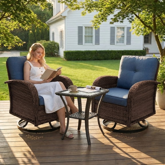 SHGJ&SOFT 3 Piece Patio Furniture Set, 2 Outdoor Swivel Rocking Chairs with Side Table, Thick Cushions Wicker Glider Chairs, All-Weather Brown Rattan Bistro Set for Porch, Deck, Pool (Blue)