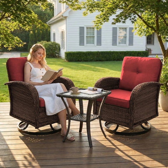 SHGJ&SOFT 3 Piece Patio Furniture Set, 2 Outdoor Swivel Rocking Chairs with Side Table, Thick Cushions Wicker Glider Chairs, All-Weather Brown Rattan Bistro Set for Porch, Deck, Pool (Red)