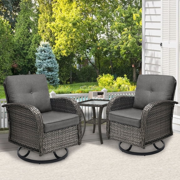 SHGJ&SOFT 3 Piece Patio Furniture Set, 2 Outdoor Swivel Rocking Chairs with Side Table, Thick Cushions Wicker Glider Chairs, All-Weather Gray Rattan Bistro Set for Porch, Deck, Pool (Gray)