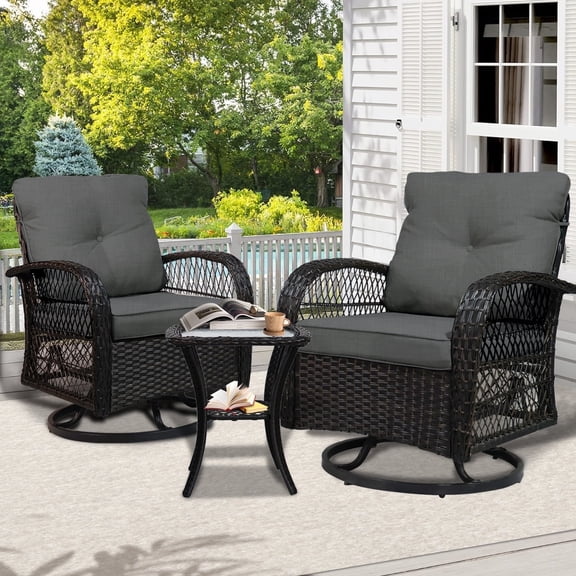 SHGJ&SOFT 3-Piece Patio Conversation Set with Thick Cushions and Glass Table, Modern PE Rattan Outdoor Furniture for Deck, Porch or Garden (Grey)