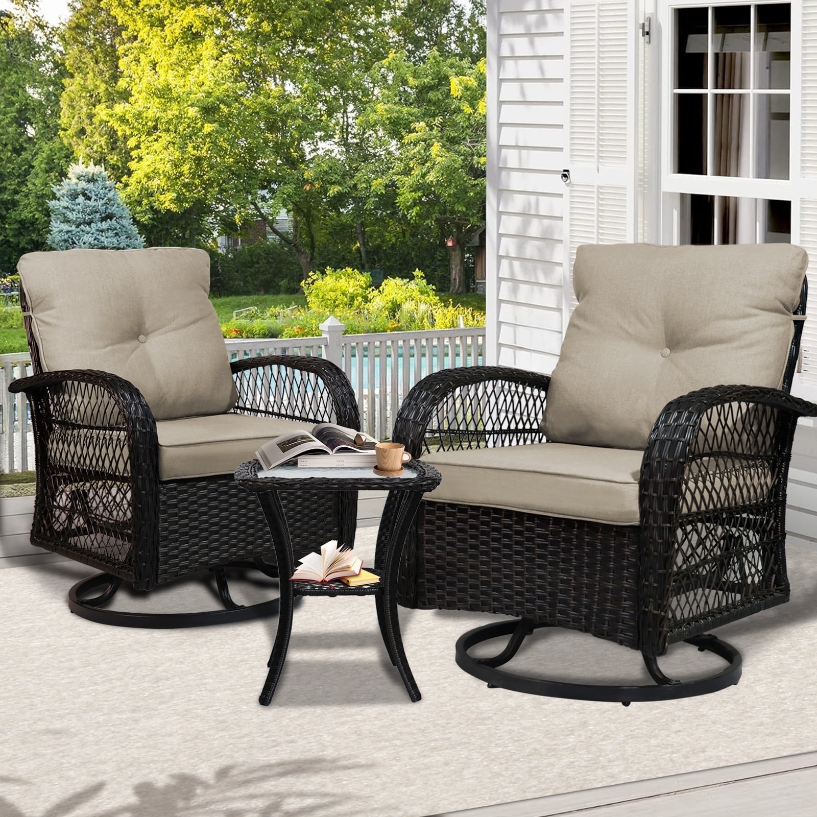SHGJ&SOFT 3-Piece Patio Conversation Set with Thick Cushions and Glass Table, Modern PE Rattan Outdoor Furniture for Deck, Porch or Garden (Brown)