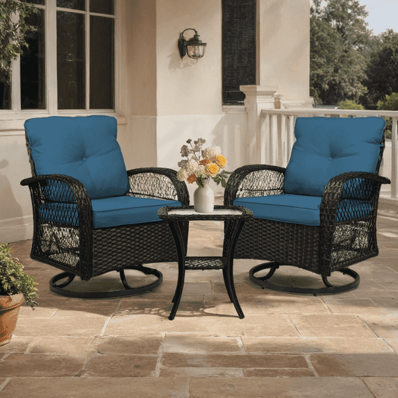 SHGJ&SOFT 3-Piece Patio Conversation Set with Thick Cushions and Glass Table, Modern PE Rattan Outdoor Furniture for Deck, Porch or Garden (Navy Blue)