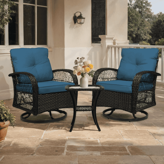 SHGJ&SOFT 3-Piece Patio Conversation Set with Thick Cushions and Glass Table, Modern PE Rattan Outdoor Furniture for Deck, Porch or Garden (Navy Blue)