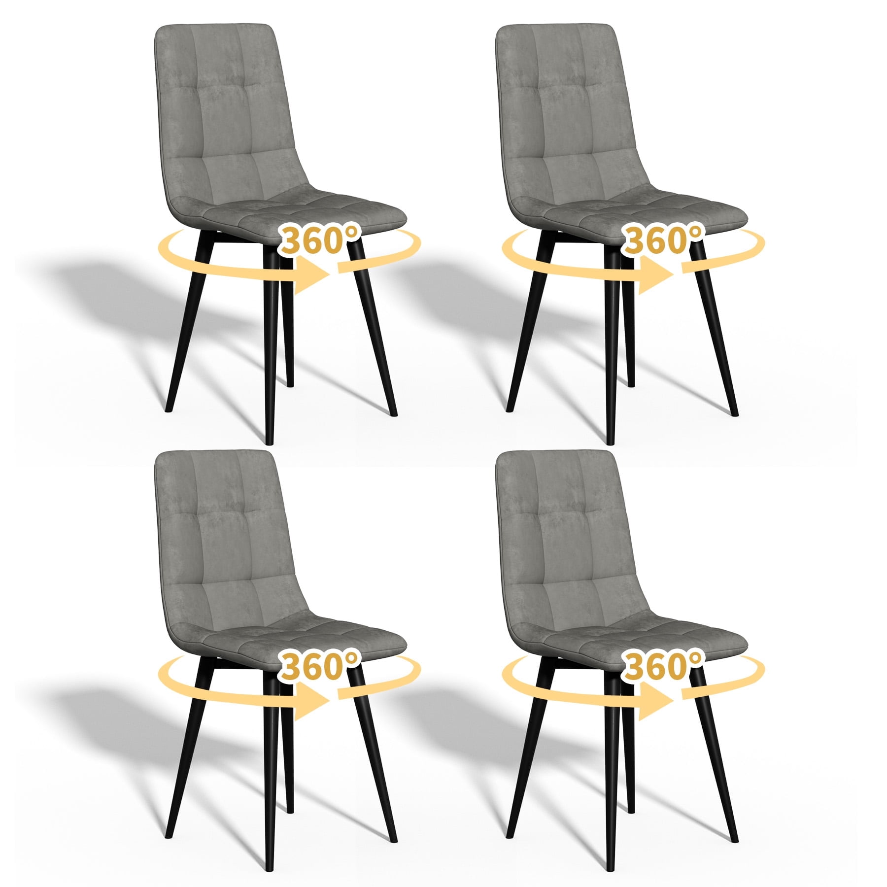 SHGJ&SOFT 360° Swivel Velvet Upholstered Dining Chairs Set of 4, Mid Century Modern Accent Chairs with L-Shaped Backrest, Adjustable Metal Legs for Kitchen Living Room(Gray1, 4pc)