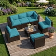 thumbnail image 1 of SHGJ&SOFT 7-Piece Outdoor Patio Furniture Set,All-Weather Rattan Wicker Modular Sectional Sofa,Water-Resistant Cushions&Glass Table,Patio Conversation Set for Backyard,Deck,Poolside(Peacock Blue,7pcs, 1 of 9