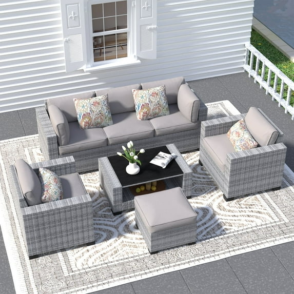 SHGJ&SOFT 7 Piece Patio Furniture Set, Wicker Outdoor Sectional Sofa with Washable Cushion Covers and Tempered Glass Table, Rattan Conversation Set for Poolside, Lawn, Balcony