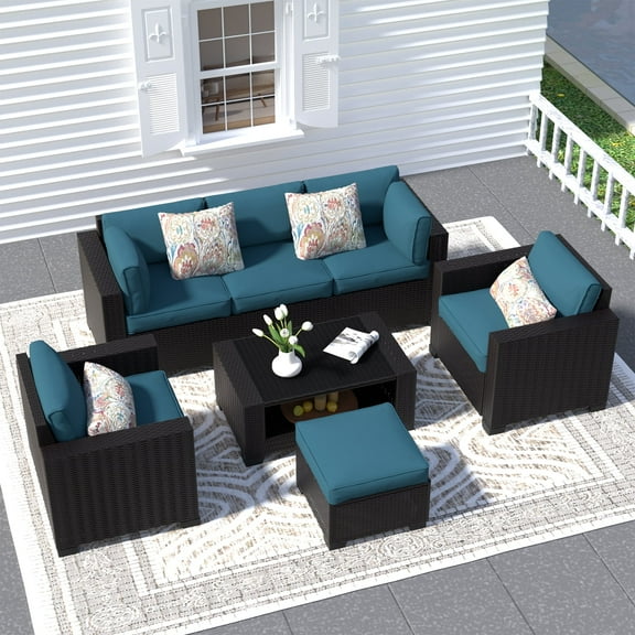 SHGJ&SOFT 7 Piece Patio Furniture Set, Wicker Outdoor Sectional Sofa with Washable Cushion Covers and Tempered Glass Table, Rattan Conversation Set for Poolside, Lawn, Balcony