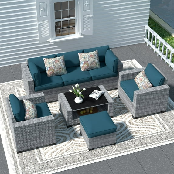 SHGJ&SOFT 7 Piece Patio Furniture Set, Wicker Outdoor Sectional Sofa with Washable Cushion Covers and Tempered Glass Table, Rattan Conversation Set for Poolside, Lawn, Balcony
