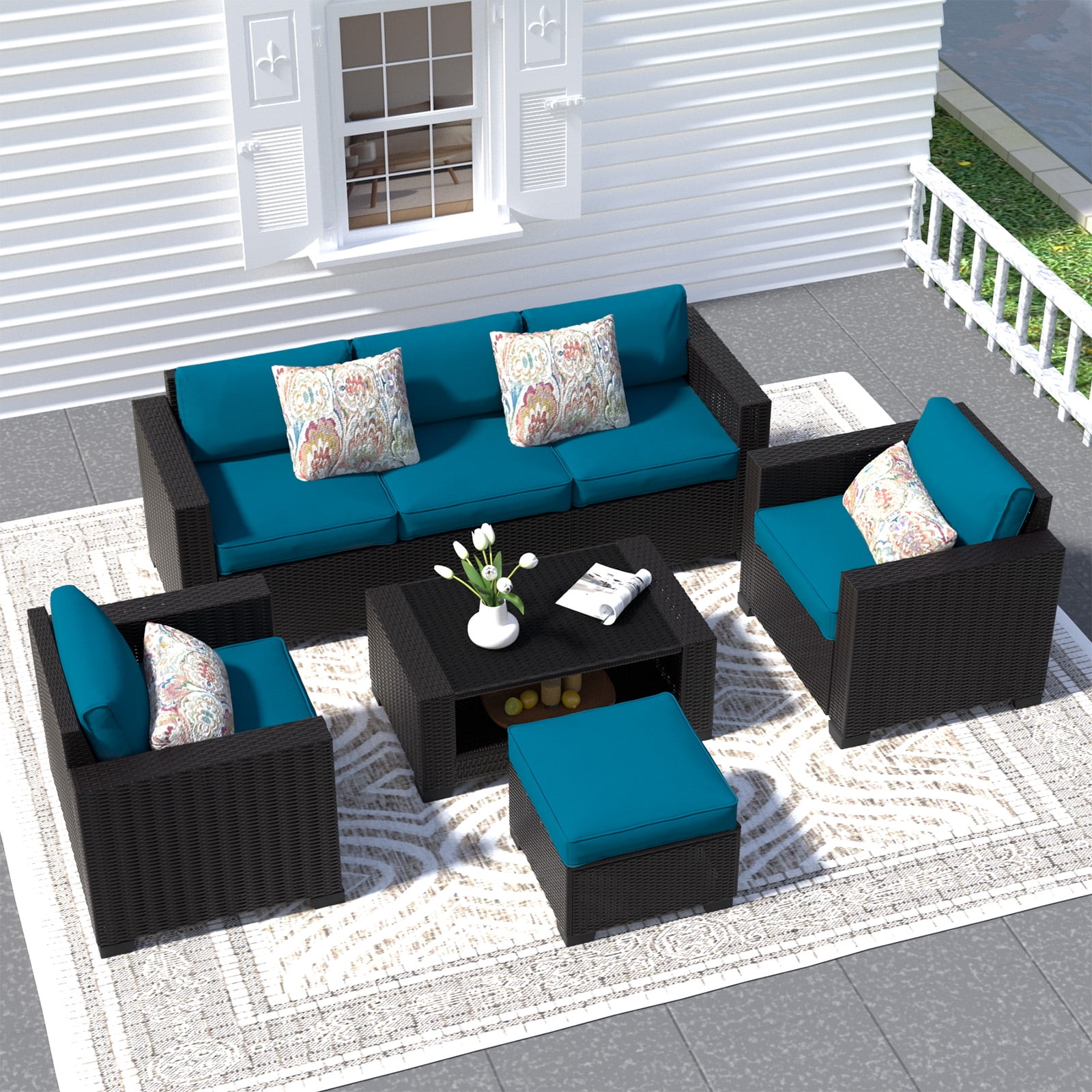 SHGJ&SOFT 7 Piece Patio Furniture Set, Wicker Outdoor Sectional Sofa with Washable Cushion Covers and Tempered Glass Table, Rattan Conversation Set for Poolside