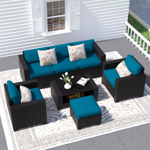 SHGJ&SOFT 7 Piece Patio Furniture Set, Wicker Outdoor Sectional Sofa with Washable Cushion Covers and Tempered Glass Table, Rattan Conversation Set for Poolside