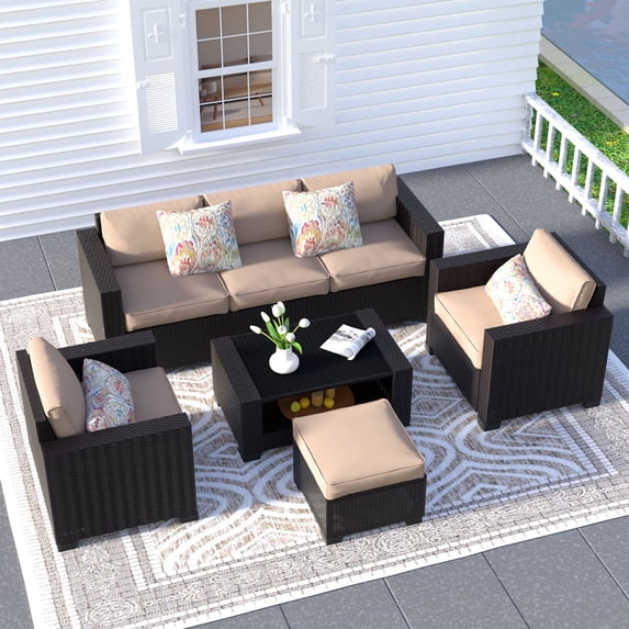 SHGJ&SOFT 7 Piece Patio Furniture Set, Wicker Outdoor Sectional Sofa with Washable Cushion Covers and Tempered Glass Table, Rattan Conversation Set for Poolside