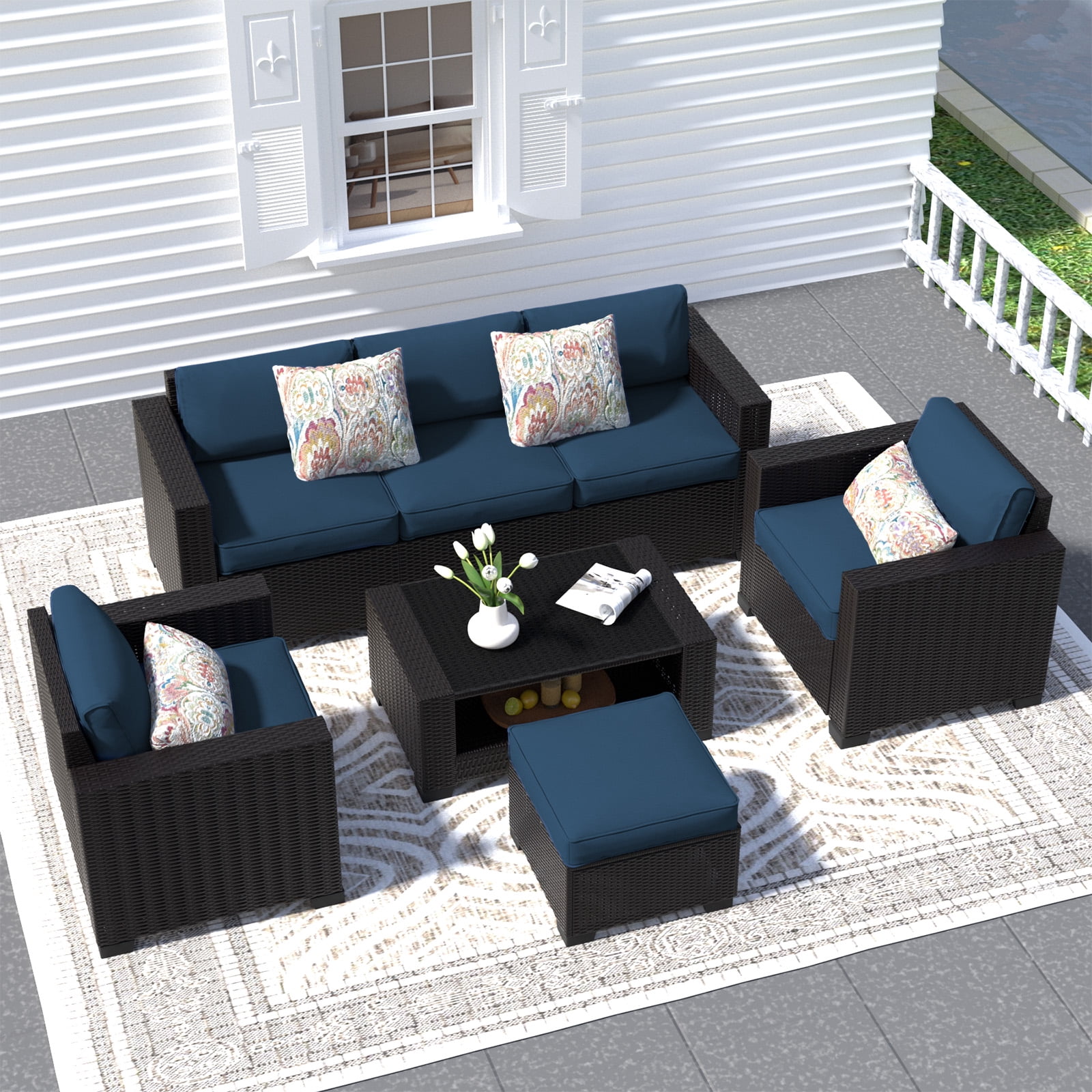 SHGJ&SOFT 7 Piece Patio Furniture Set, Wicker Outdoor Sectional Sofa with Washable Cushion Covers and Tempered Glass Table, Rattan Conversation Set for Poolside