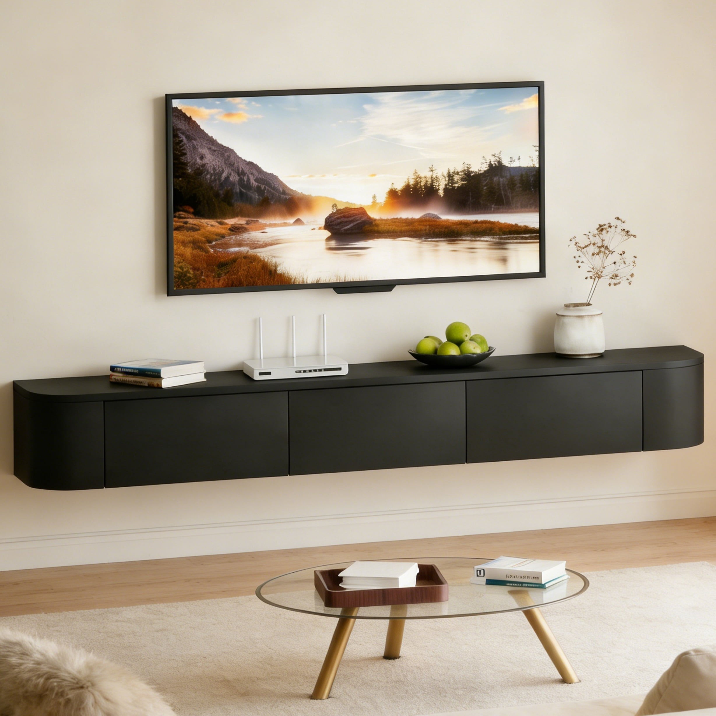 SHGJ&SOFT Floating TV Stand Wall Mounted Media Console with Door, Entertainment Center with Storage Cabinets, Wall Mounted TV Shelf for Living Room,Bedroom (Black, 63IN)