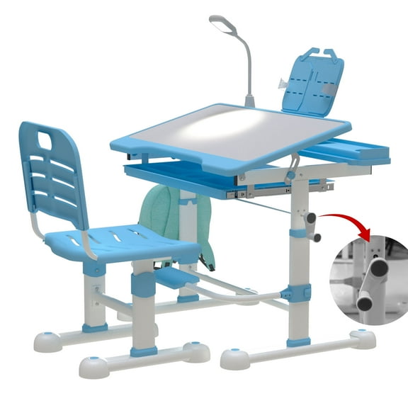 SHGJ&SOFT Kids Desk and Chair Set, Ergonomic Height Adjustable Children School Study Desk with Tilt Desktop, 3 Modes&3 Brightness LED Light,Storage Drawer for Classroom, Blue