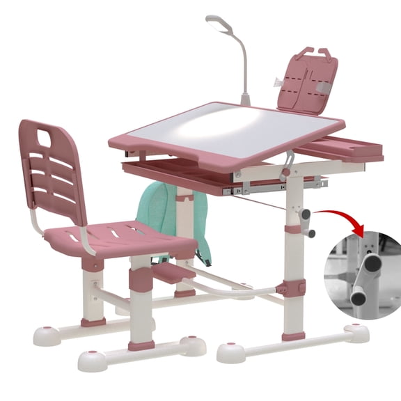 SHGJ&SOFT Kids Desk and Chair Set, Ergonomic Height Adjustable Children School Study Desk with Tilt Desktop, 3 Modes&3 Brightness LED Light,Storage Drawer for Classroom, Pink