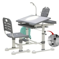 SHGJ&SOFT Kids Desk and Chair Set, Ergonomic Height Adjustable Children School Study Desk with Tilt Desktop, 3 Modes&3 Brightness LED Light,Storage Drawer for Classroom, Gray