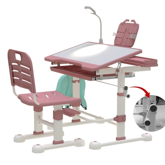 SHGJ&SOFT Kids Desk and Chair Set, Ergonomic Height Adjustable Children School Study Desk with Tilt Desktop, 3 Modes&3 Brightness LED Light,Storage Drawer for Classroom, Pink