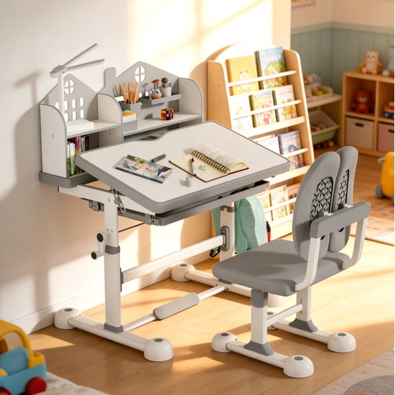 SHGJ&SOFT Kids Desk and Chair Set, Ergonomic Height Adjustable School Study with Tilt Desktop, 3 Modes&3 Brightness LED Light,Storage Drawer & Bookshelf for Study Room,Classroom,Grey