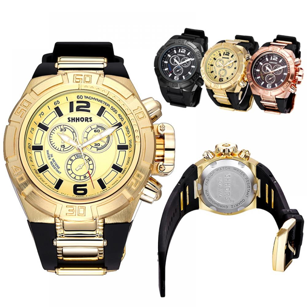 SHHORS Sport Military Watch Big Dial Army Watch Rubber Band Luxury Golden Watches Men Gold Male