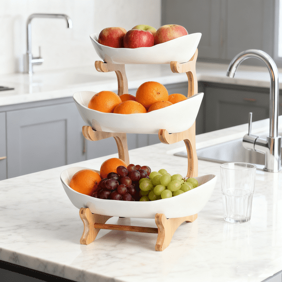 SHIBAILI 3 Tier Stackable Ceramic Fruit Basket Stand Organizer-Bamboo Kitchen Counter Display Bowl for Fruits&Vegetables,White