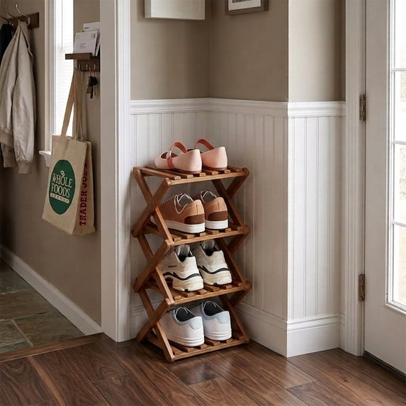 SHIBAILI 4-Tier Bamboo Folding Shoe Rack - No Assembly, Space-Saving(Tawny)