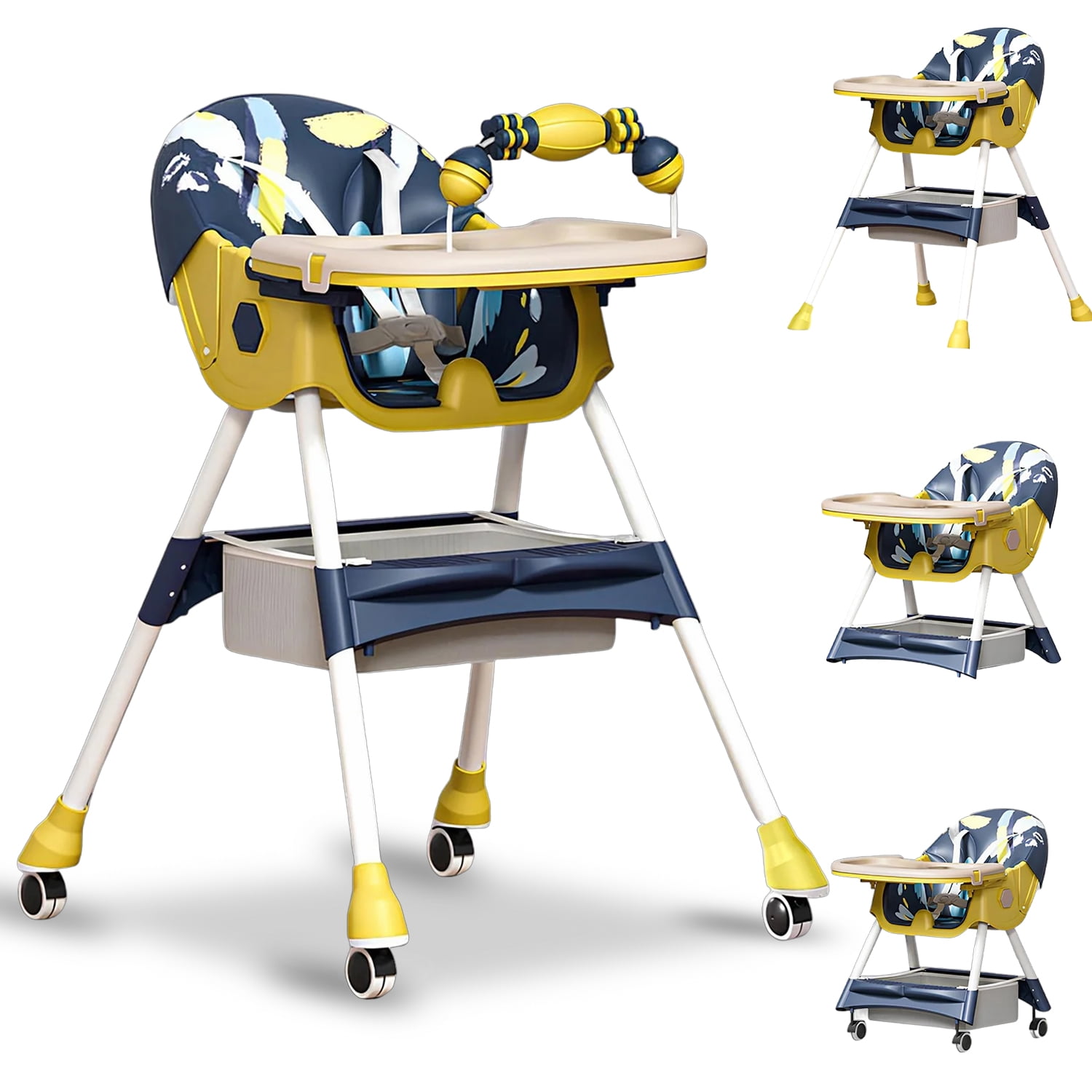 SHIBAILI 4-in-1 Convertible Baby High Chair with Adjustable Height,Foldable,Wheels & Cushion (Yellow+Blue)