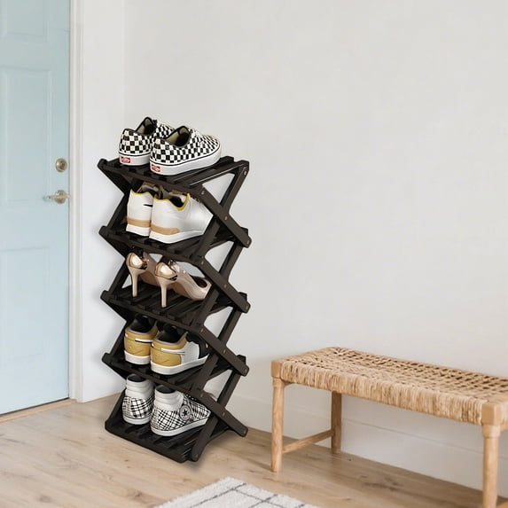 SHIBAILI 5-Tier Bamboo Folding Shoe Rack - No Assembly, Space-Saving(Black)