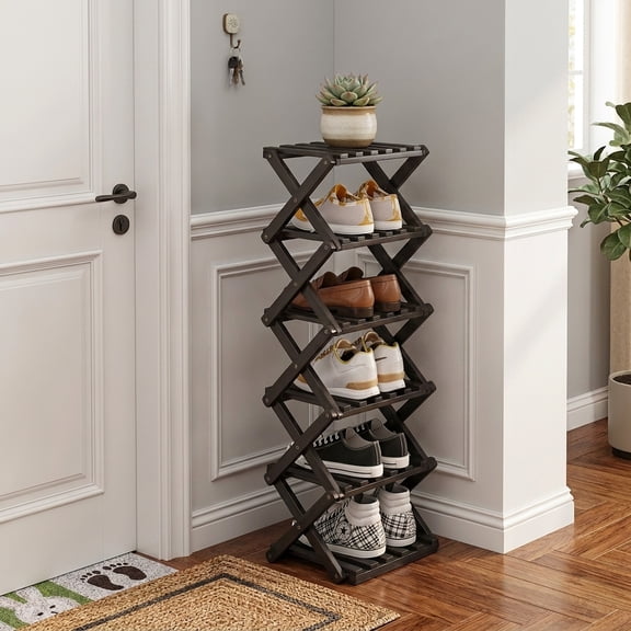SHIBAILI 6-Tier Bamboo Folding Shoe Rack - No Assembly, Space-Saving(Black)