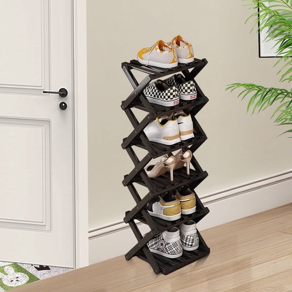 SHIBAILI 6-Tier Bamboo Folding Shoe Rack - No Assembly, Space-Saving(Black)