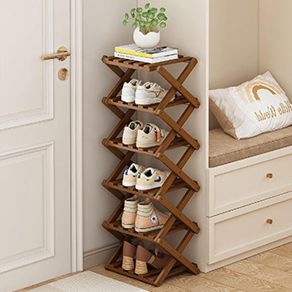 SHIBAILI 6-Tier Bamboo Folding Shoe Rack - No Assembly, Space-Saving(Tawny)