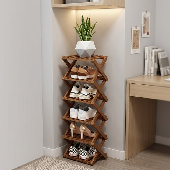 SHIBAILI 6-Tier Bamboo Folding Shoe Rack - No Assembly, Space-Saving(Tawny)