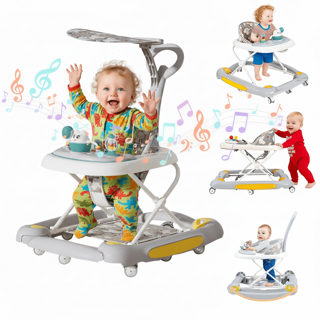 SHIBAILI 6-in-1 Activity Walker & Table - Multi-Function Center,Bouncer,Tray & Music,Gray (6+ Months)