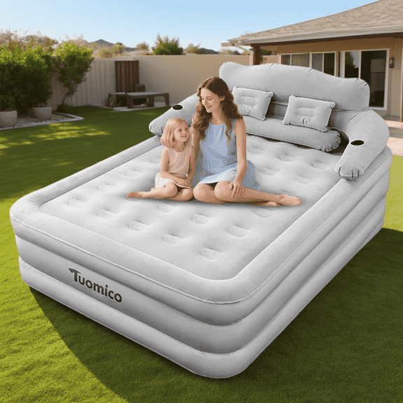 SHIBAILI Gray Queen Size Air Mattress with Headboard | Dual Pump,Camping & Home Inflatable Bed