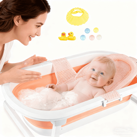 SHIBAILI Portable Baby Bath Tub-Foldable Design,Thermometer & Soft Cushion 0-36Month(Pink Mesh Mat)