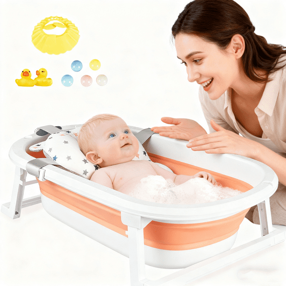 SHIBAILI Portable Baby Bath Tub-Foldable Design,Thermometer & Soft Cushion 0-36Month(Pink Star Mat)