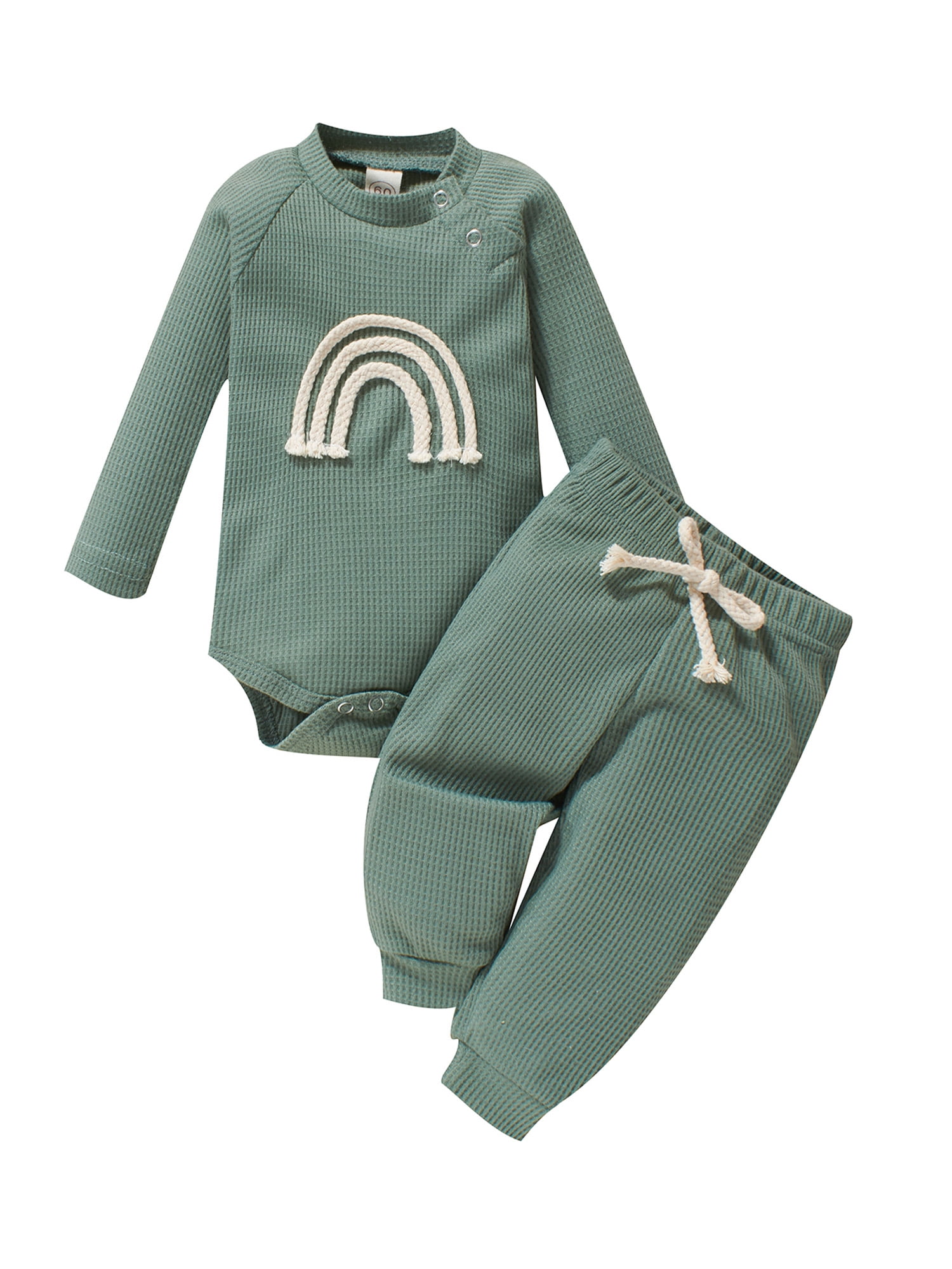 2pcs Baby Boy/Girl Rainbow Design Solid Waffle Long-sleeve Romper and Trousers Set
