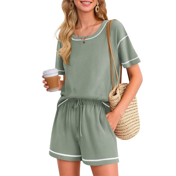 SHIBEVER 2 Piece Sets for Women Summer Casual Short Sleeve Top and Shorts Set Outfits for Women Tops for Ladies Light Green L