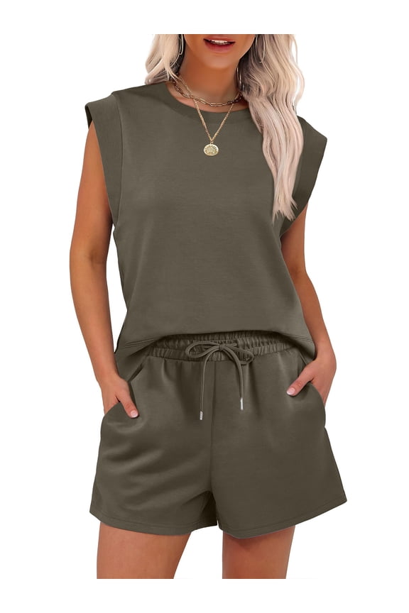 2 Piece Sets for Women Summer Casual Sleeveless Womens Tops and Shorts Set with Pockets Womens Clothing 2pcs Sets Green XL