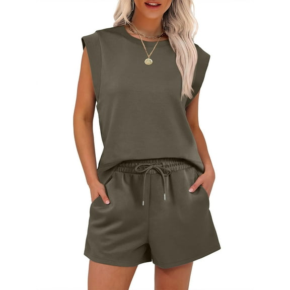 SHIBEVER 2 Piece Sets for Women Summer Casual Sleeveless Womens Tops and Shorts Set with Pockets Womens Clothing 2pcs Sets Green XXL