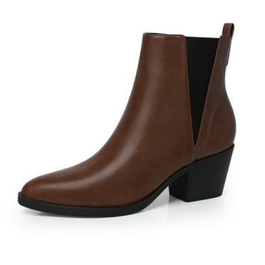 SHIBEVER Ankle Boots for Women Pointed Toe Short Chelsea Booties Low Heels Slip-On Leather Boot Dressy Zipper Block Booties Shoes Dark Brown