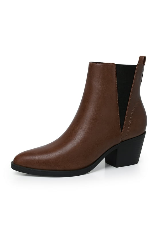 Ankle Boots for Women Pointed Toe Short Chelsea Booties Low Heels Slip-On Leather Boot Dressy Zipper Block Booties Shoes Dark Brown