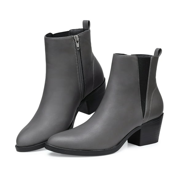 SHIBEVER Ankle Boots for Women Pointed Toe Short Chelsea Booties Low Heels Slip-On Leather Boot Dressy Zipper Block Booties Shoes Mineral Gray