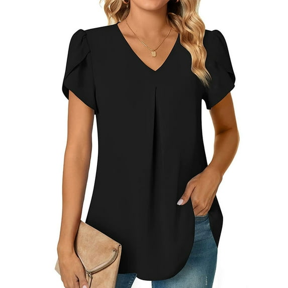 SHIBEVER Blouse Dressy Casual V Neck Petal Sleeve Summer Shirts for Women Casual Loose Tee Fashion Work Shirt Chiffon Tops Solid Color Black Plus Size XXL