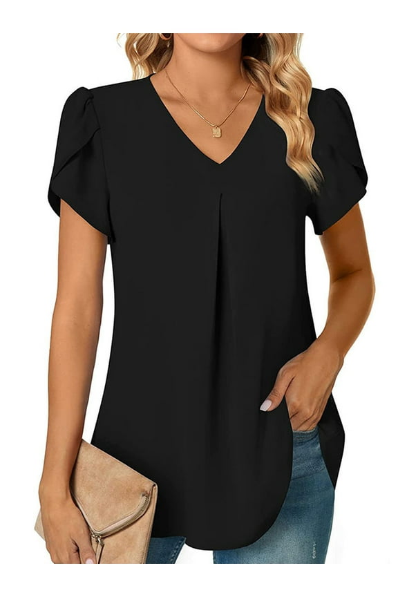 Blouse Dressy Casual V Neck Petal Sleeve Summer Shirts for Women Casual Loose Tee Fashion Work Shirt Chiffon Tops Solid Color Black Size XL