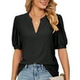 thumbnail image 1 of SHIBEVER Blouse Dressy Casual V Neck Puff Sleeve Tops Summer Tshirts for Women Loose Fashion Eyelet Tee Solid Color Black Size M, 1 of 6
