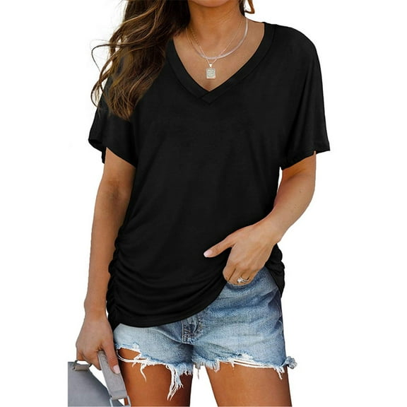 SHIBEVER Women Summer T Shirts Casual V Neck Tops Short Sleeve Tunic Tops for Women Loose Solid Color Black Tee Dolman Side Shirring Shirts Size M