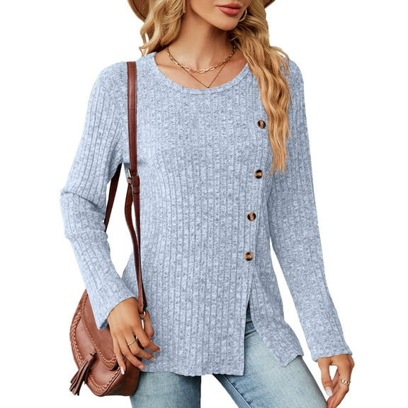 SHIBEVER Blouses for Women Casual Fall Plus Size Loose Fitting Long Sleeve Shirts Crew Neck Side Split Tops for Women with Button Size XXL