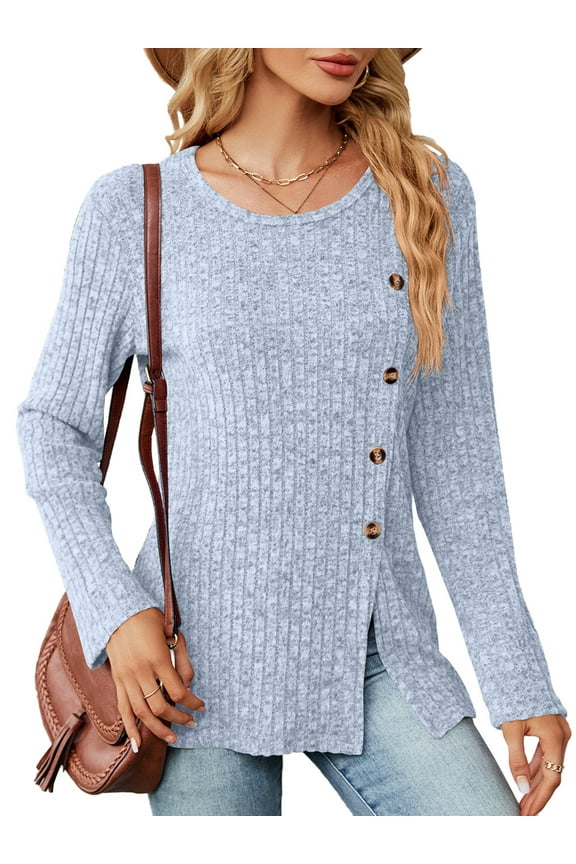 Blouses for Women Casual Fall Plus Size Loose Fitting Long Sleeve Shirts Crew Neck Side Split Tops for Women with Button Size XXL