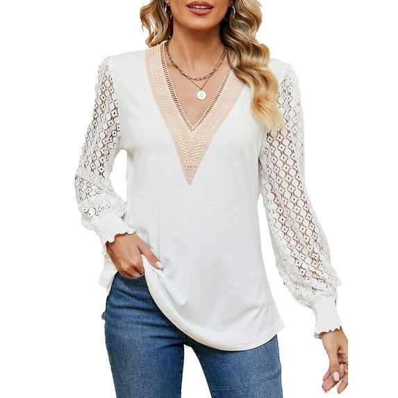 SHIBEVER Blouses for Women Casual Fall Plus Size Loose Fitting Puff Long Sleeve Shirts V Neck Lace Collar Tops for Women Clothes Size XXL